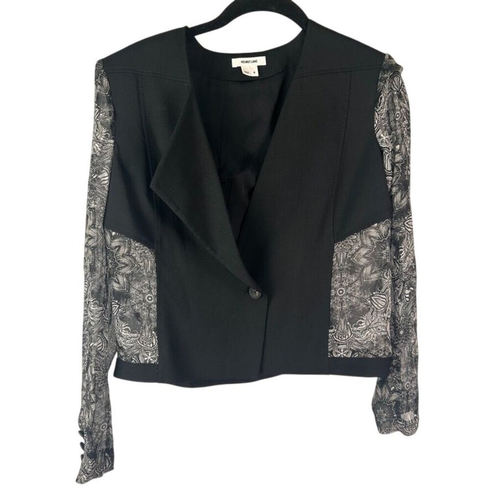 Helmut Lang Black Wool Silk Lightweight Blazer Sheer Floral Sleeves Size  4